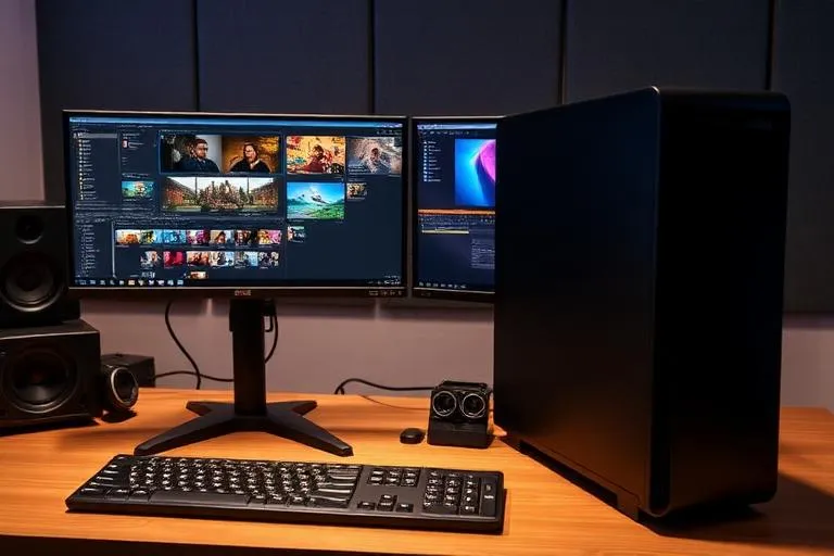 Custom workstation PC for video editing and 3D rendering with dual monitors