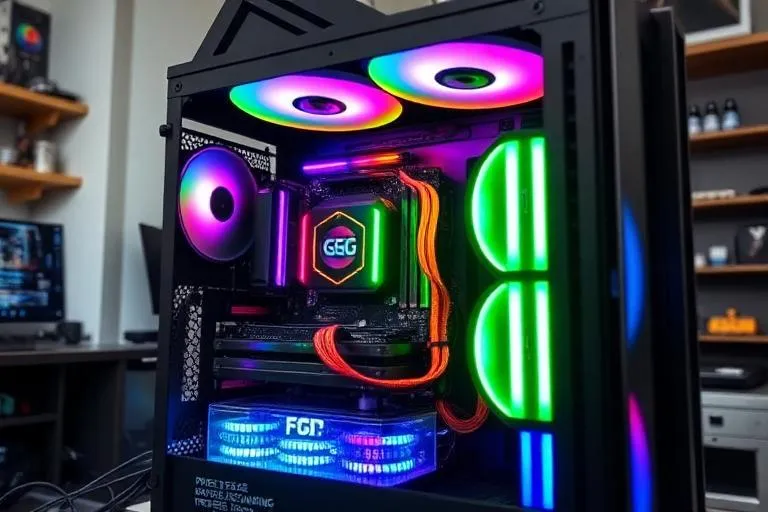 Custom built gaming PC with RGB lighting being assembled in repair workshop