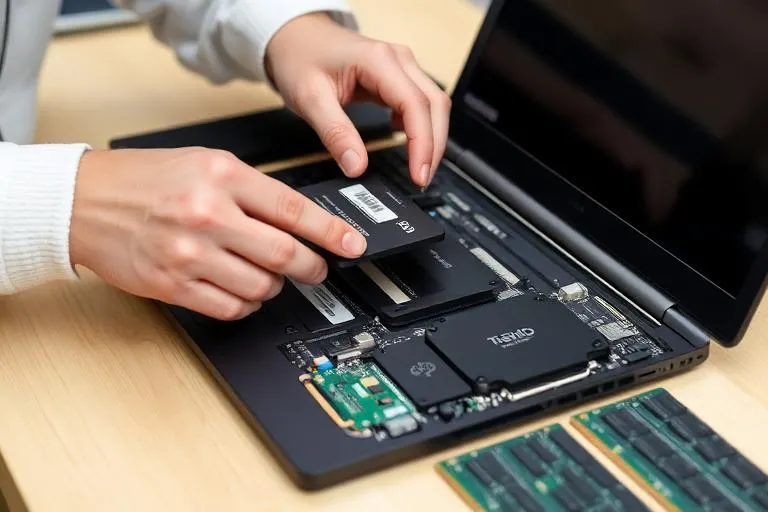 Technician installing SSD upgrade in laptop for faster computer performance