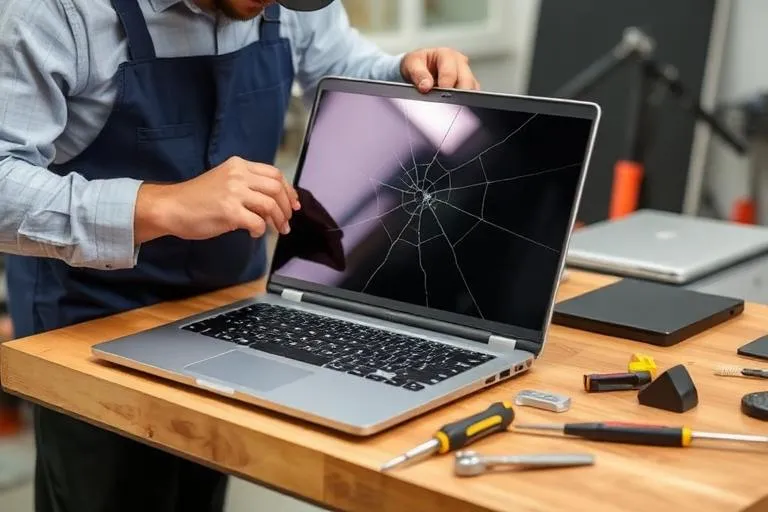 Technician replacing a cracked laptop screen with replacement LCD panel