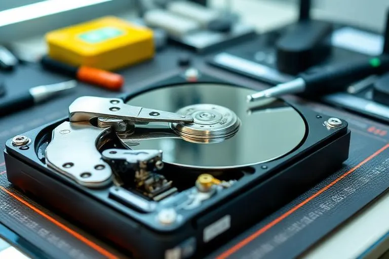 Opened hard drive in a professional data recovery lab